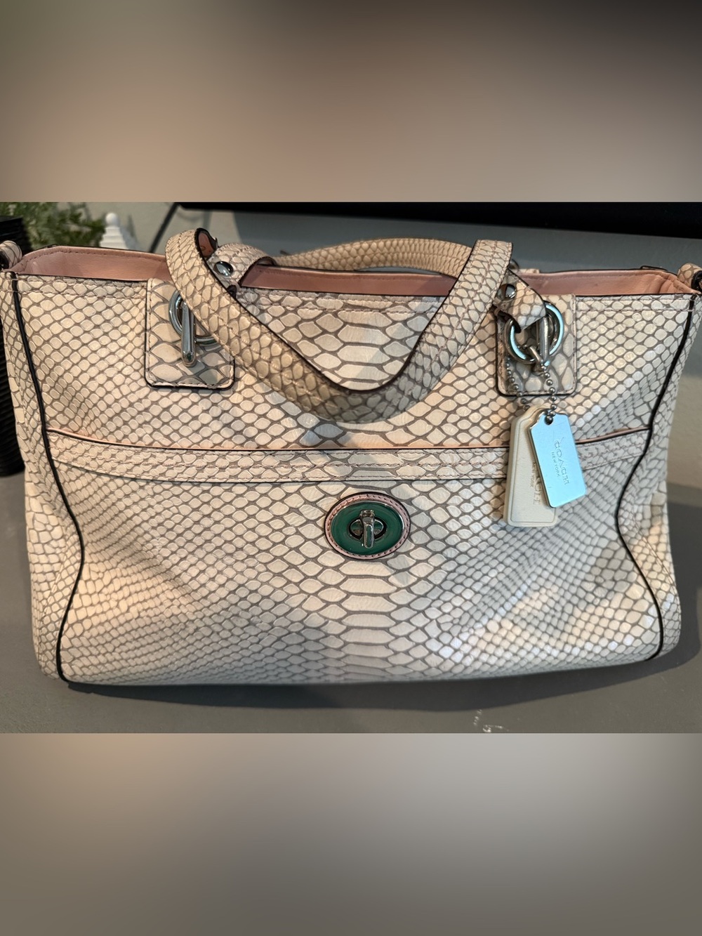 Coach Snake-Embossed Leather Tote with Turn-Lock